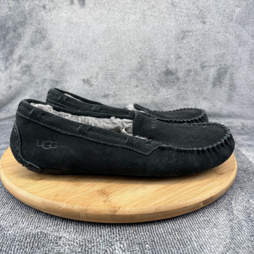 UGG Slippers Shoes Mens Size 8 Black Suede Shearling Lined Moccasin 1003990
